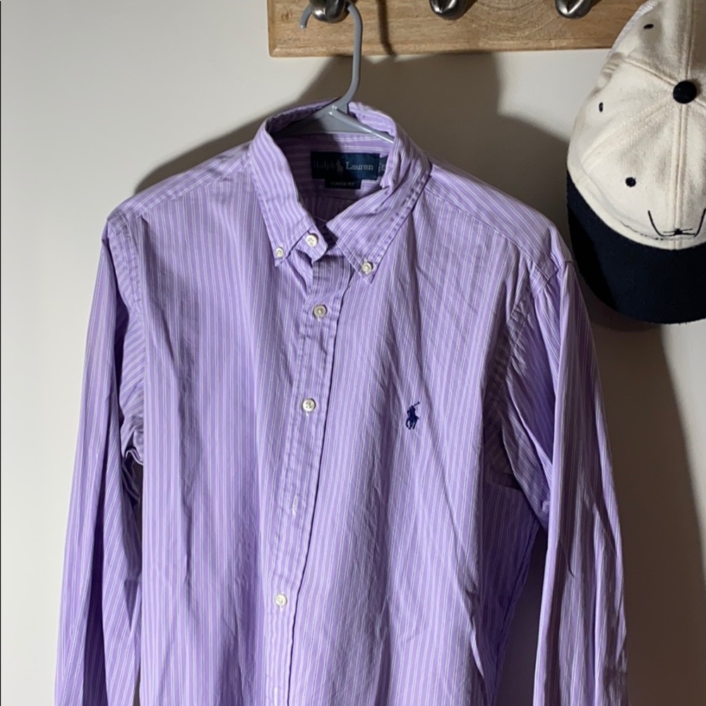 Purple and White Striped Polo Dress Shirt